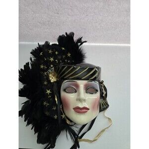Clay Art San Francisco13" Black Mardi Gras Rising Star‎ Feather Face Mask